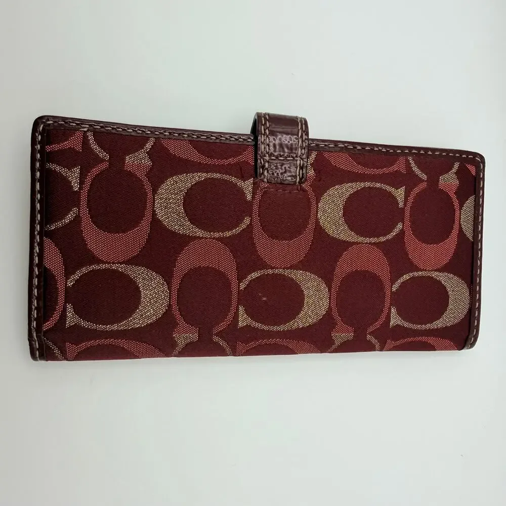 Coach Signature Jacquard Checkbook Wallet Burgundy Pink - EUC